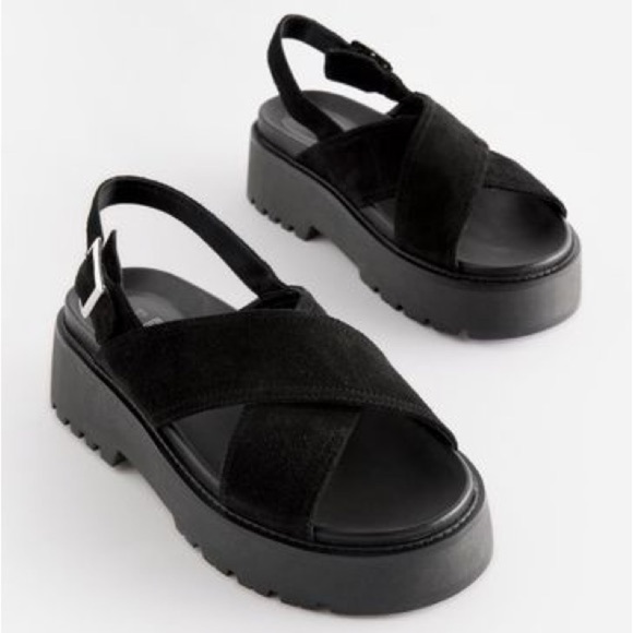 Leather Chunky Cross Strap Sandals black suede - Picture 1 of 15